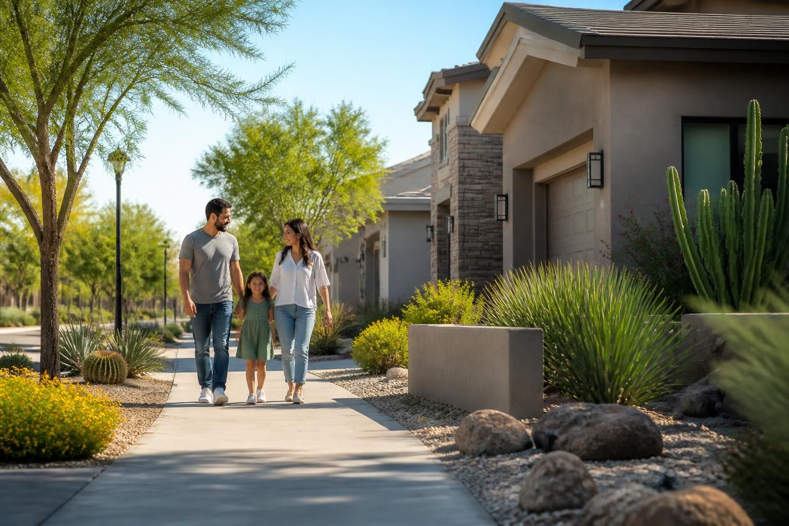 Family neighborhood with modern homes and desert landscaping