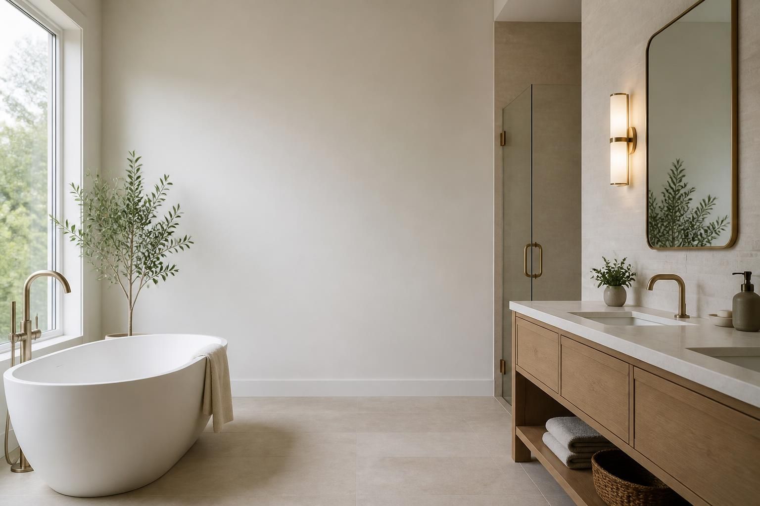 Clean finished bathroom with polished fixtures and open space