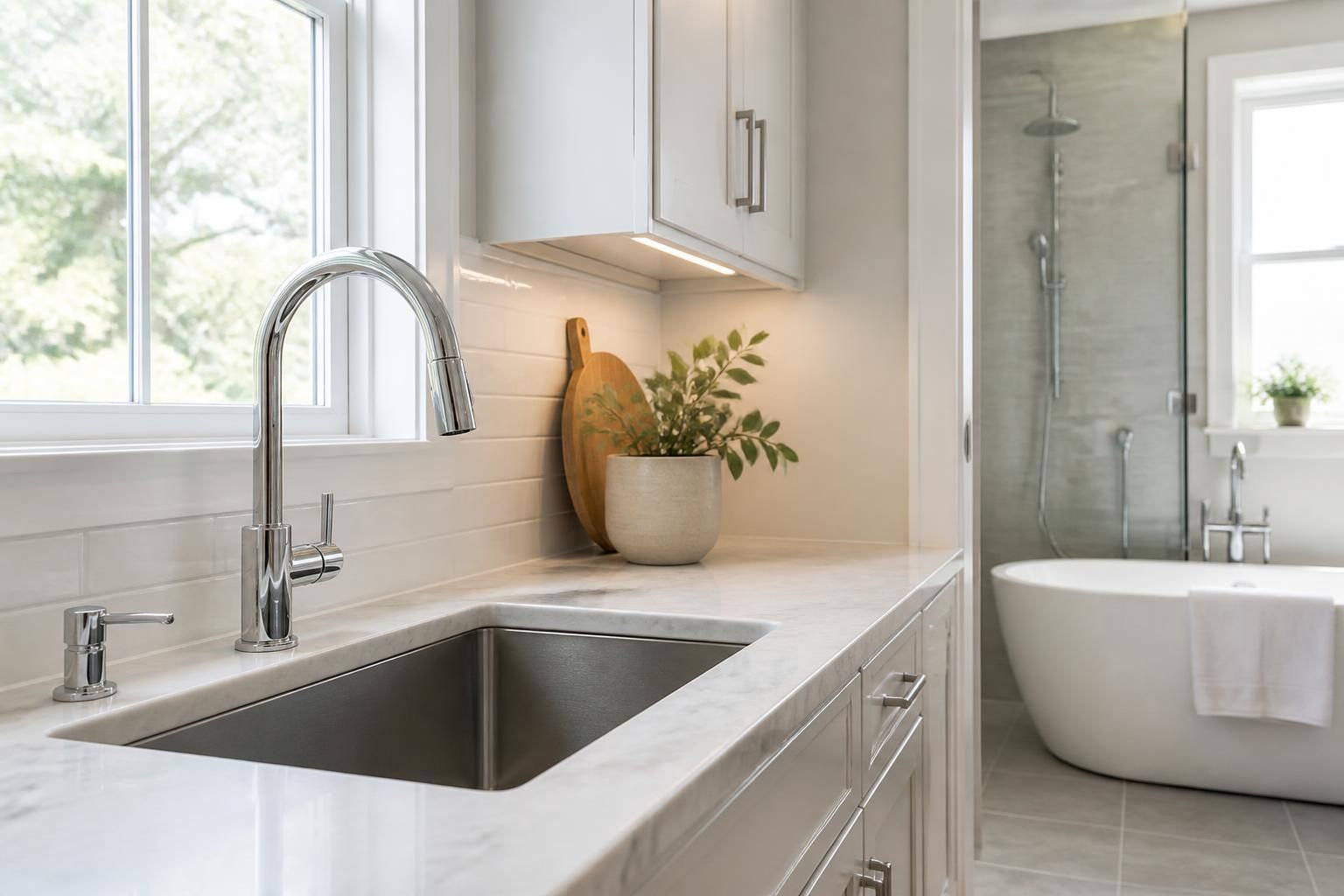 Modern kitchen and bathroom fixtures with clean polished plumbing finishes